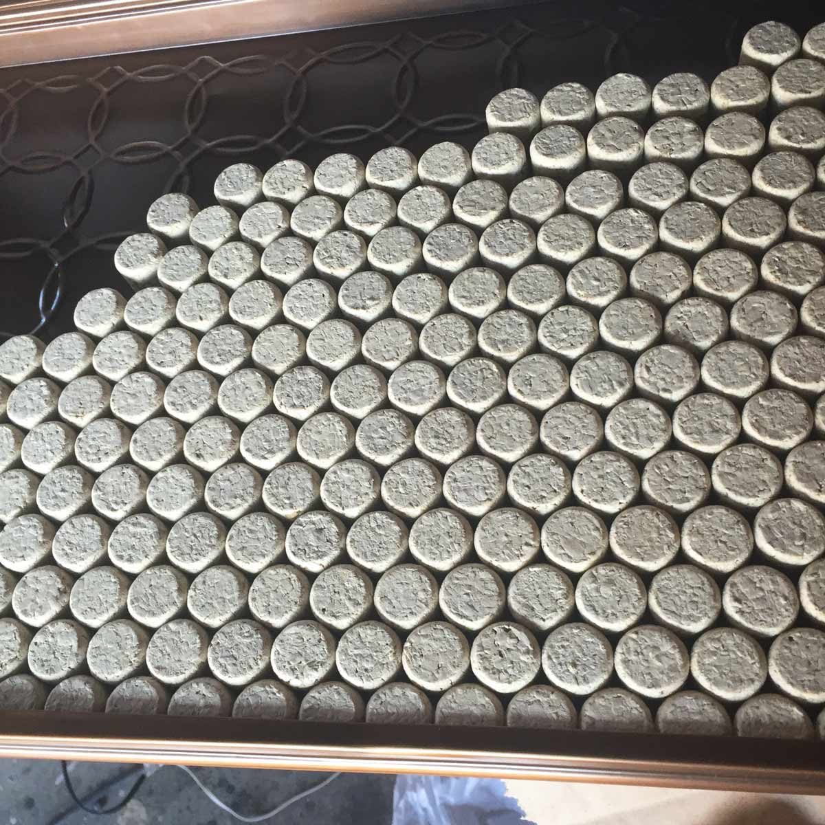 Circular, textured objects are neatly arranged in rows on a tray, situated in a dimly lit space with a patterned background.