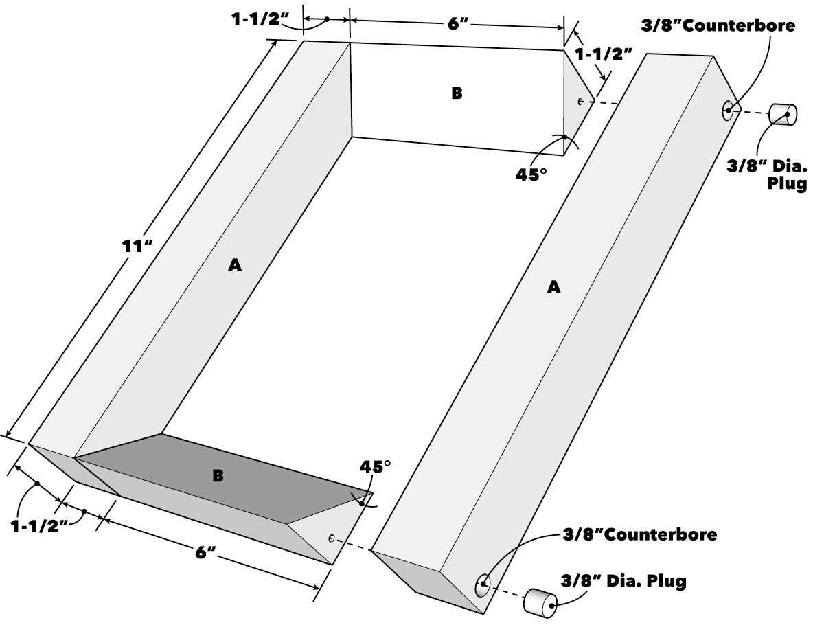 A wooden frame element is illustrated, showing dimensions, angles, and counterbore details for assembly. Sections labeled A and B define distinct parts of the structure.