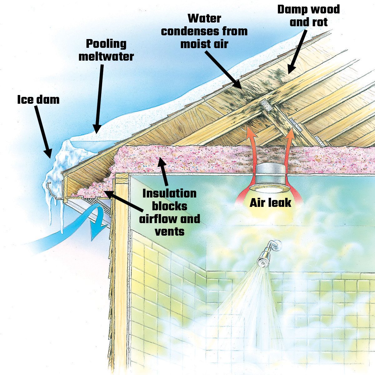 A cross-section of a roof shows moisture issues, including an ice dam, condensation from humid air, and an air leak causing potential water damage.