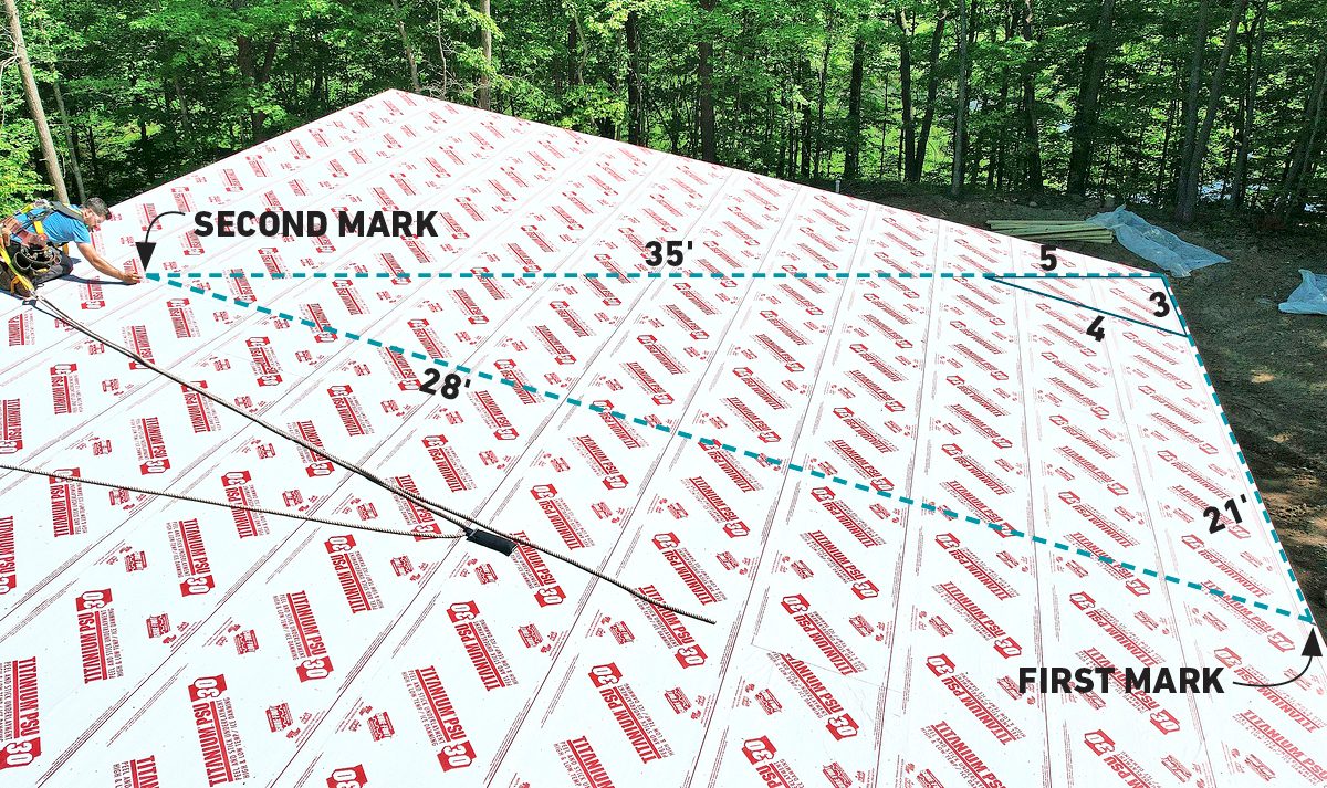 A worker uses measuring tools on a sloped roof covered with plywood sheets, surrounded by trees in a sunny outdoor setting.