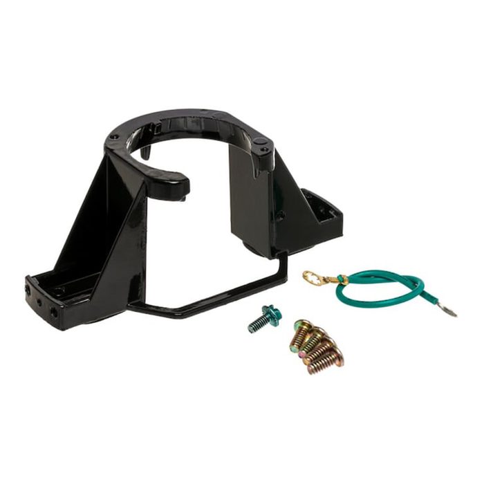 A black metal bracket rests on a surface, accompanied by various screws and a green wire connector, likely intended for assembly or attachment in a mechanical context.