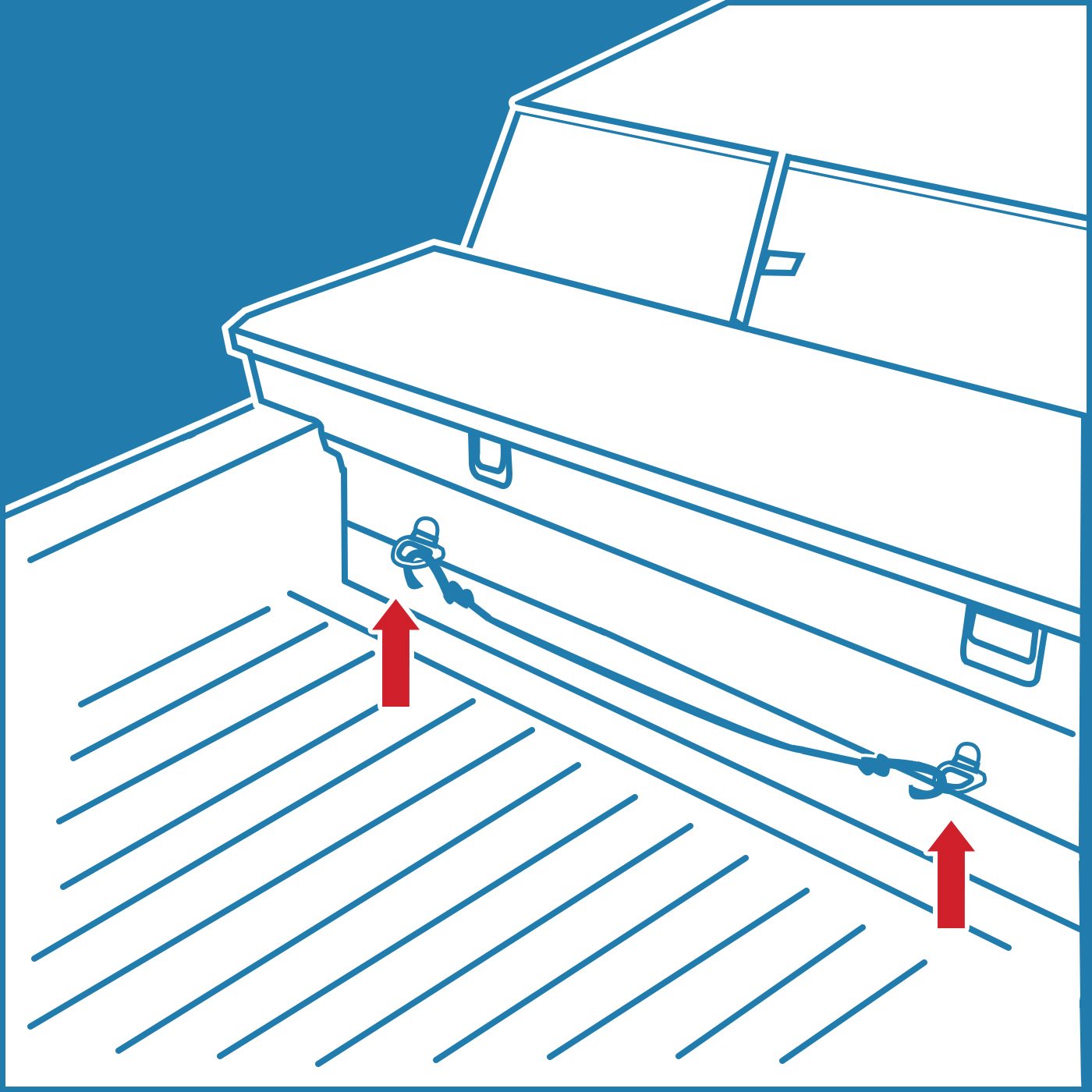 A lock mechanism is being pulled upward on a truck bed, with focus on securing the cargo area against movement, illustrated with red arrows and blue outlines.