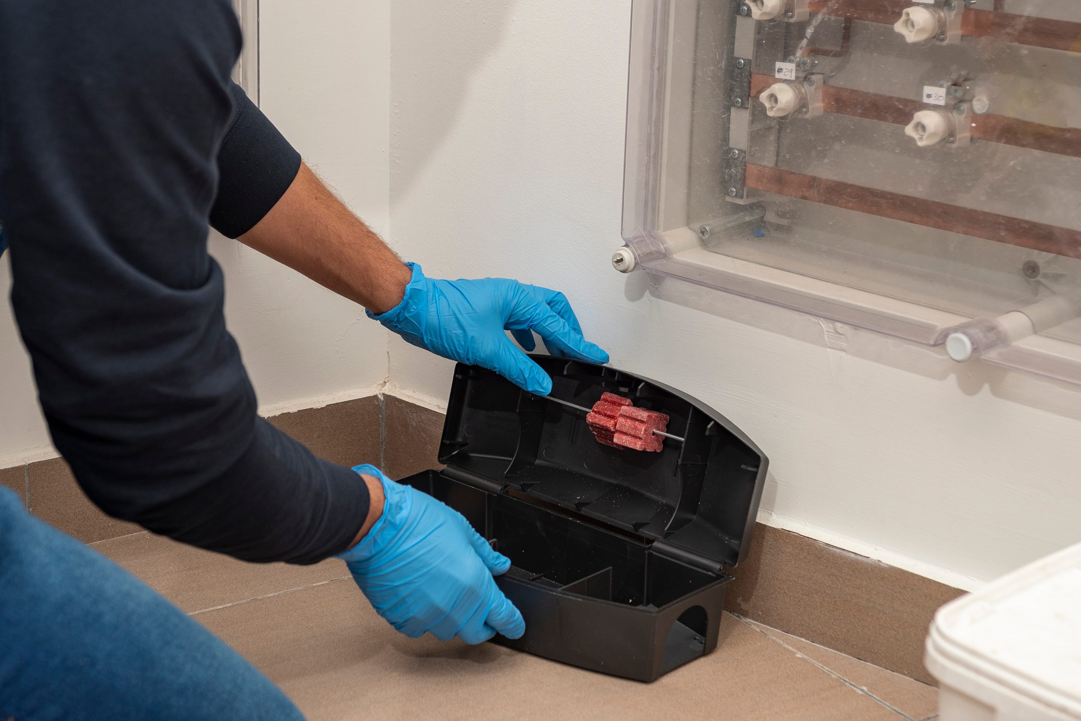 A person in blue gloves opens a black maintenance box on the floor, revealing a component inside, while situated next to a wall with pipes.