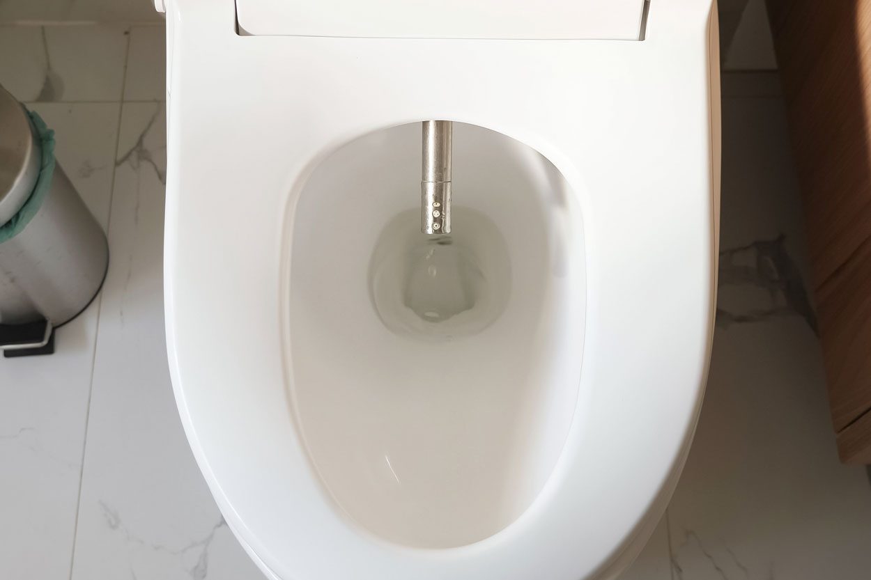 Modern Silver Bidet Injector Appears In White Flush Toilet Near Trash Bin in a Residential Bathroom